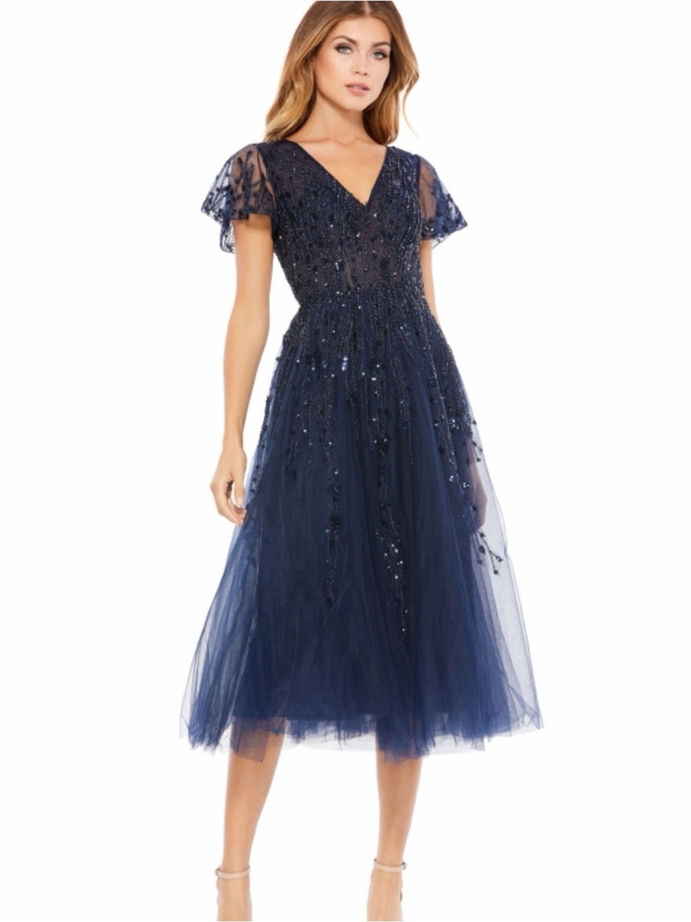 Embellished Navy V-Neck Tulle Midi Dress